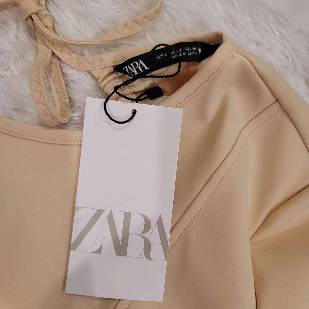NEW ZARA faux leather look nude open back long sleeve bodysuit size small - Picture 16 of 16